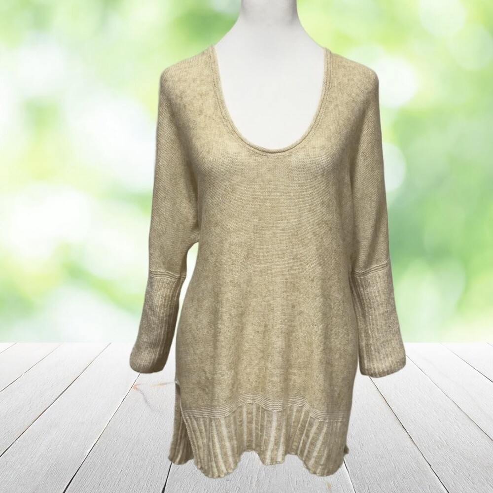MOTH ANTHROPOLOGIE Linen Cotton Tunic Sweater Boho Dolman Deep Scoop Beige Sz M
